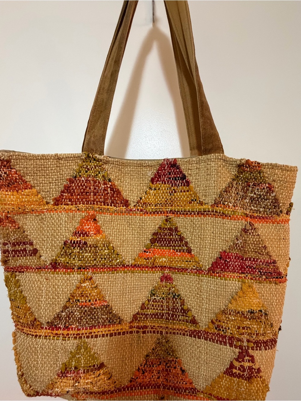 Woven Triangle Pattern Tote Bag in Natural & Multicolor